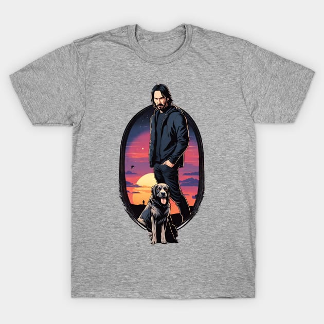 John Wick and His Trusty Dog Sunset Movie T-Shirt by 3dozecreations